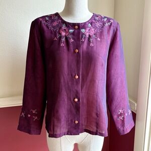 Jyr Jyr Chang floral embroidered burgundy chiffon top‎